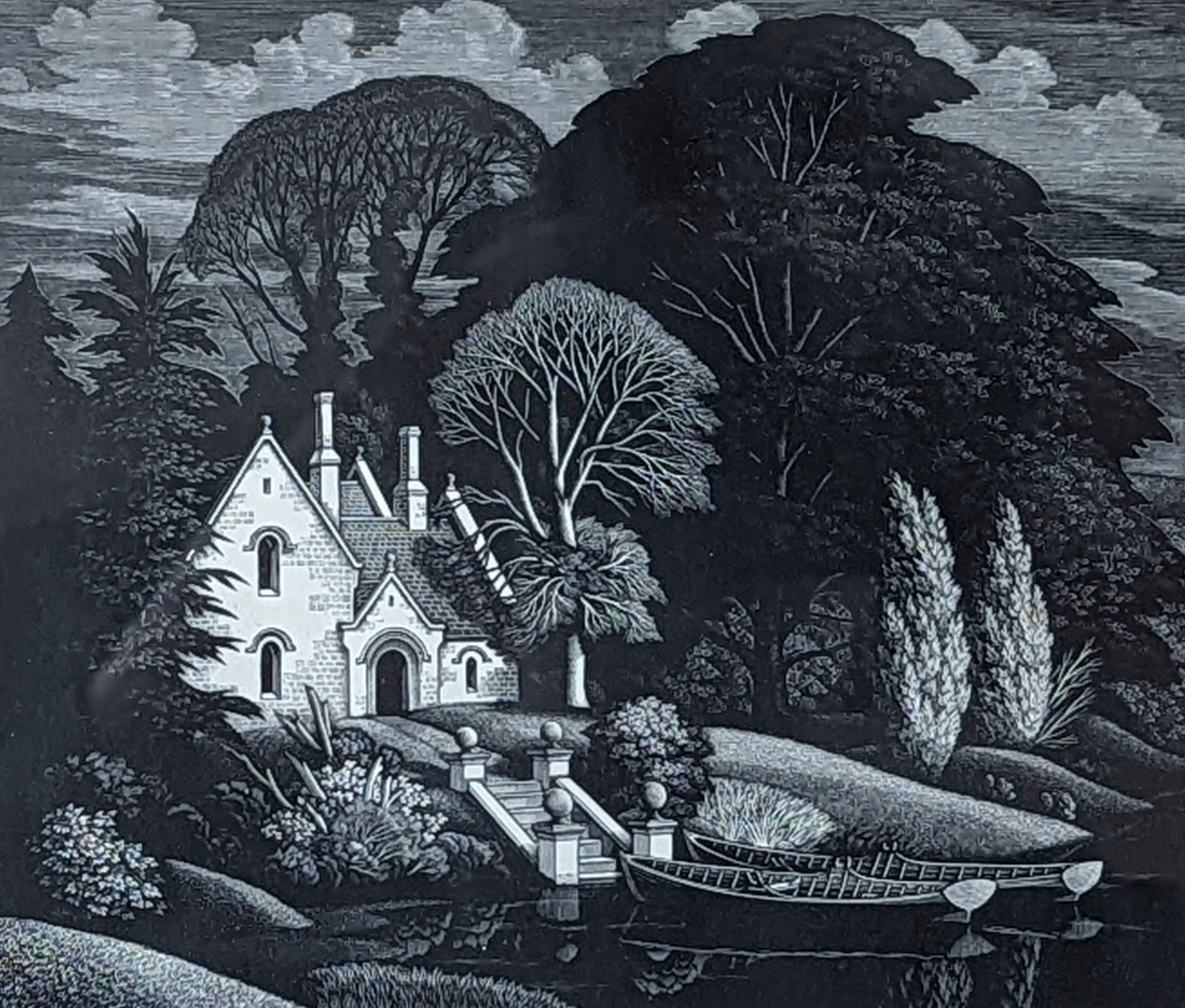 George Edward Mackley (1900-1983), etching, 'The house by the lake', signed in pencil 31/75, 13 x 15cm